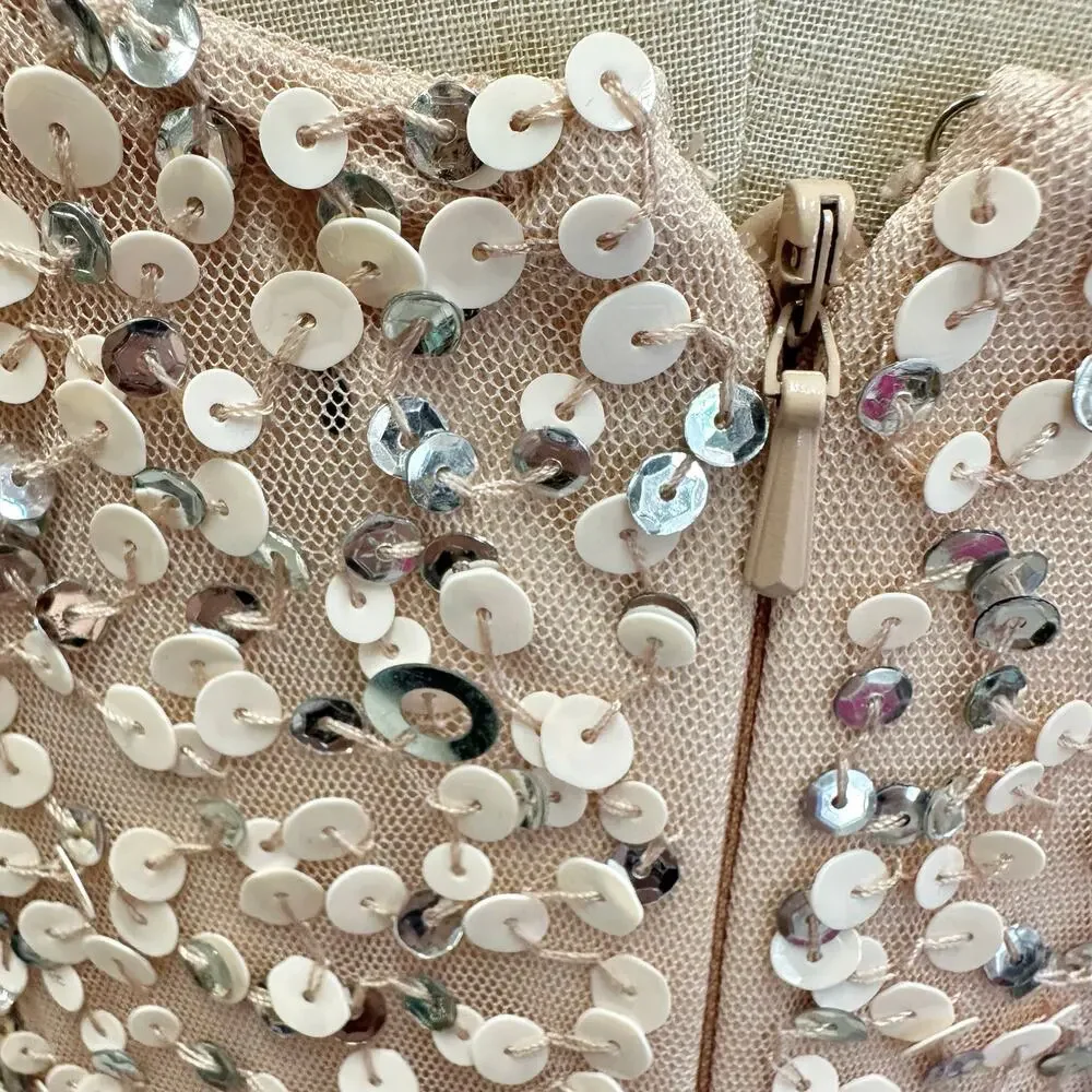 Adrianna Papell 3/4 Sleeve Scoop Back Champagne Sequin‎ Maxi Gown Size 4